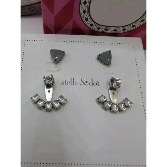 NWT Stella And Dot Bluish Crescent Ear Jacket Earrings 4 In 1 Triangular Stud - Picture 2 of 5